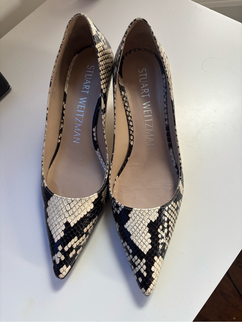 Stuart Weitzman Black & Cream Snakeskin Pointed-Toe Pumps